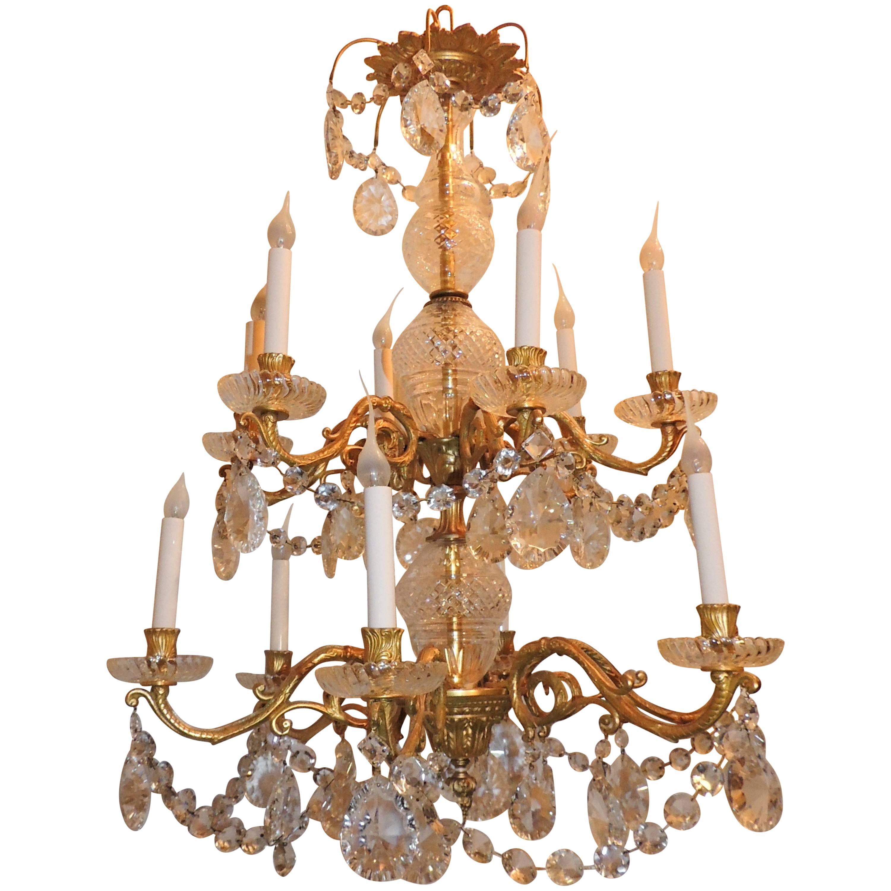 French Three-Tier 12-Arm Cut Crystal Dore Bronze Chandelier Floral Fixture For Sale