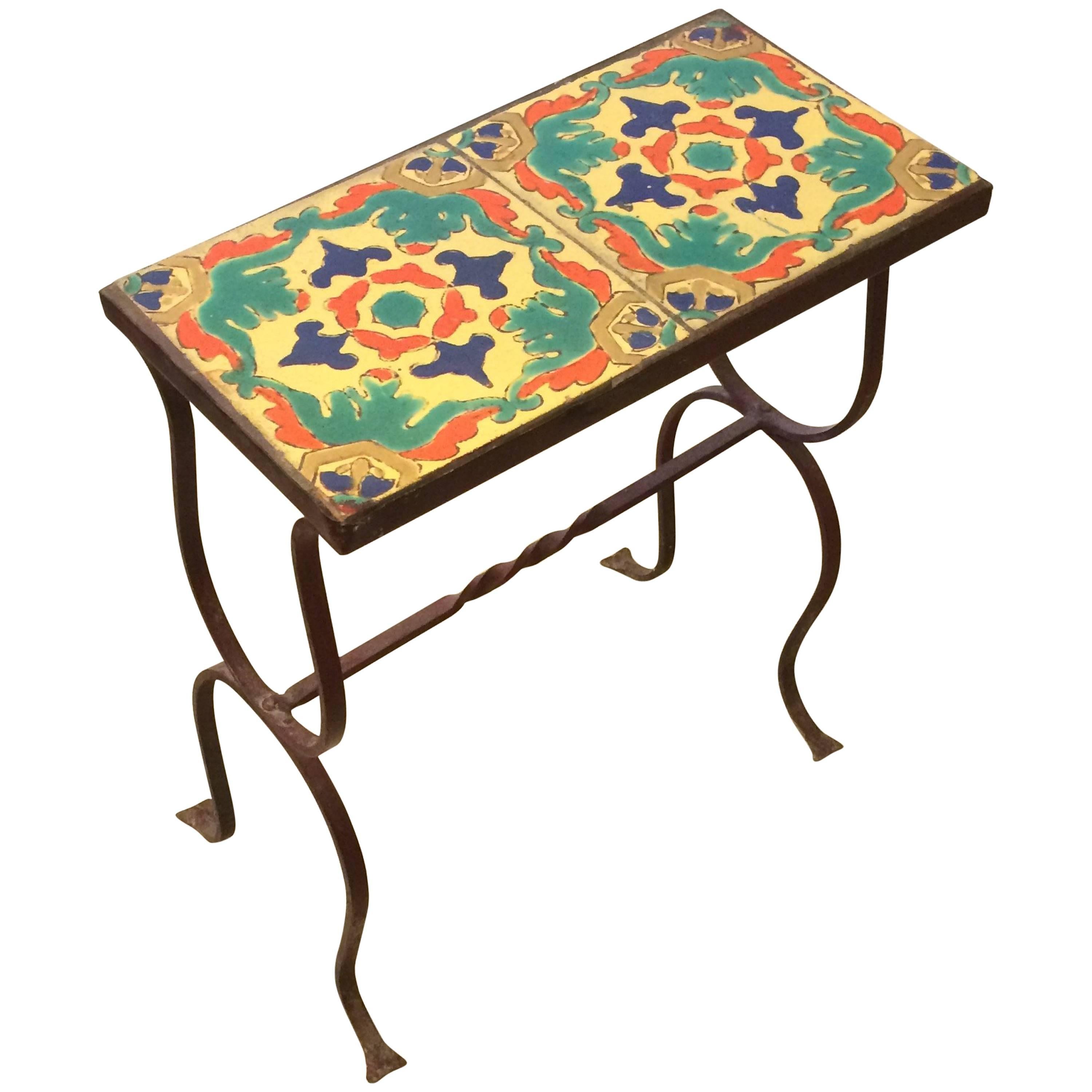 California Arts & Crafts Iron and Tile Side or Drinks Table