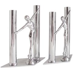 Pair of American Art Deco Chrome Female Nude Figural Twin Bud Vases