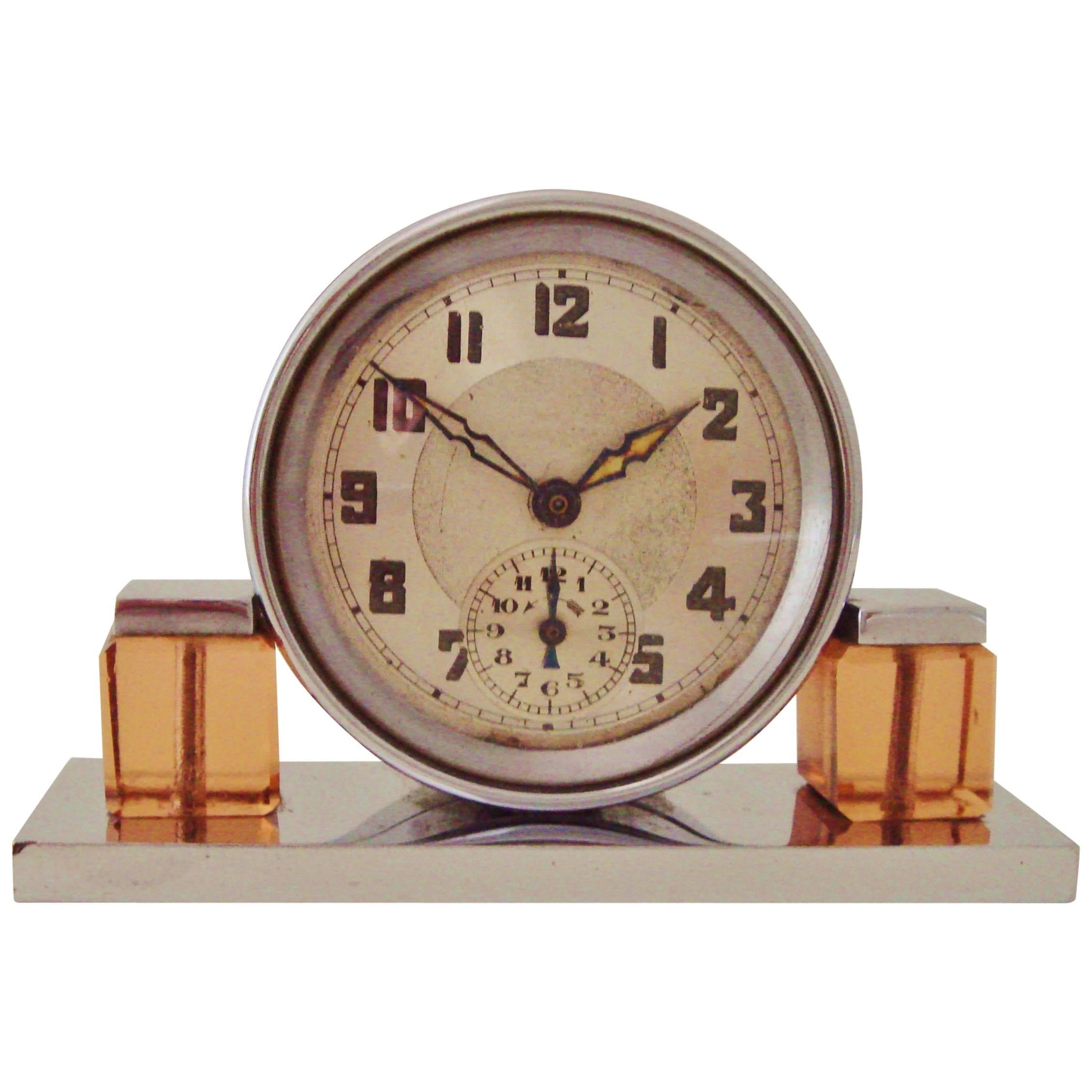 Petite French Art Deco Chrome and Peach Glass Mechanical Alarm Clock