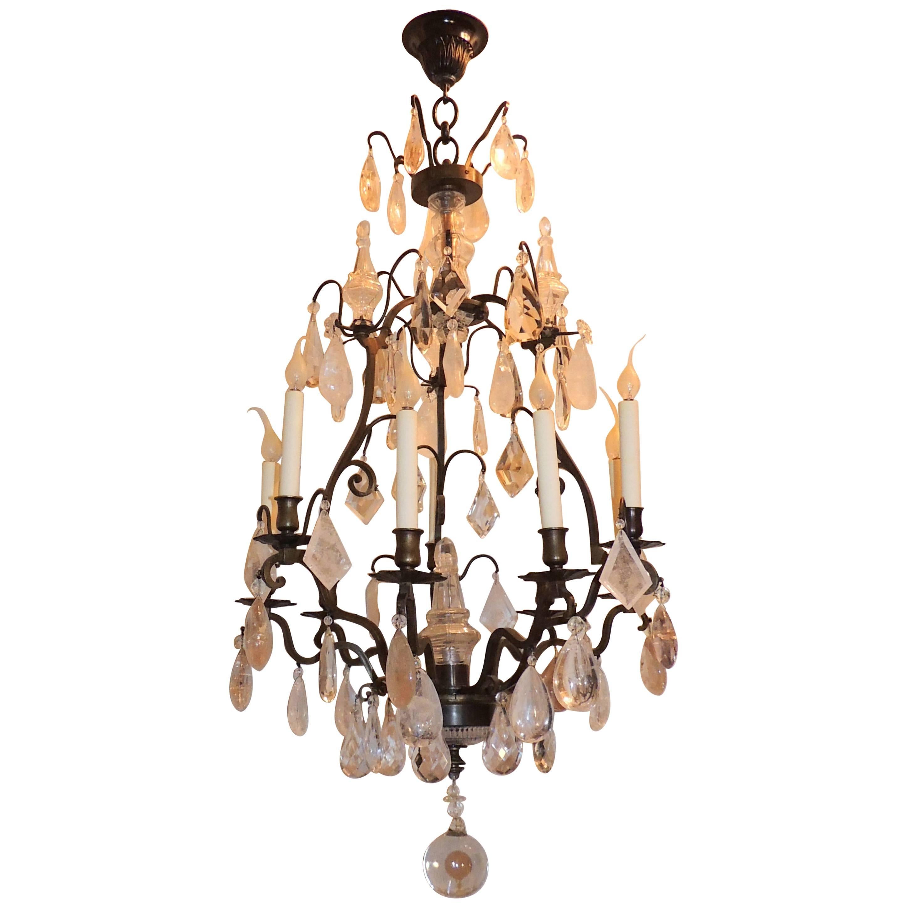 French Bronze Ten-Light Rock Crystal Bird Cage Bagues Patina Chandelier For Sale