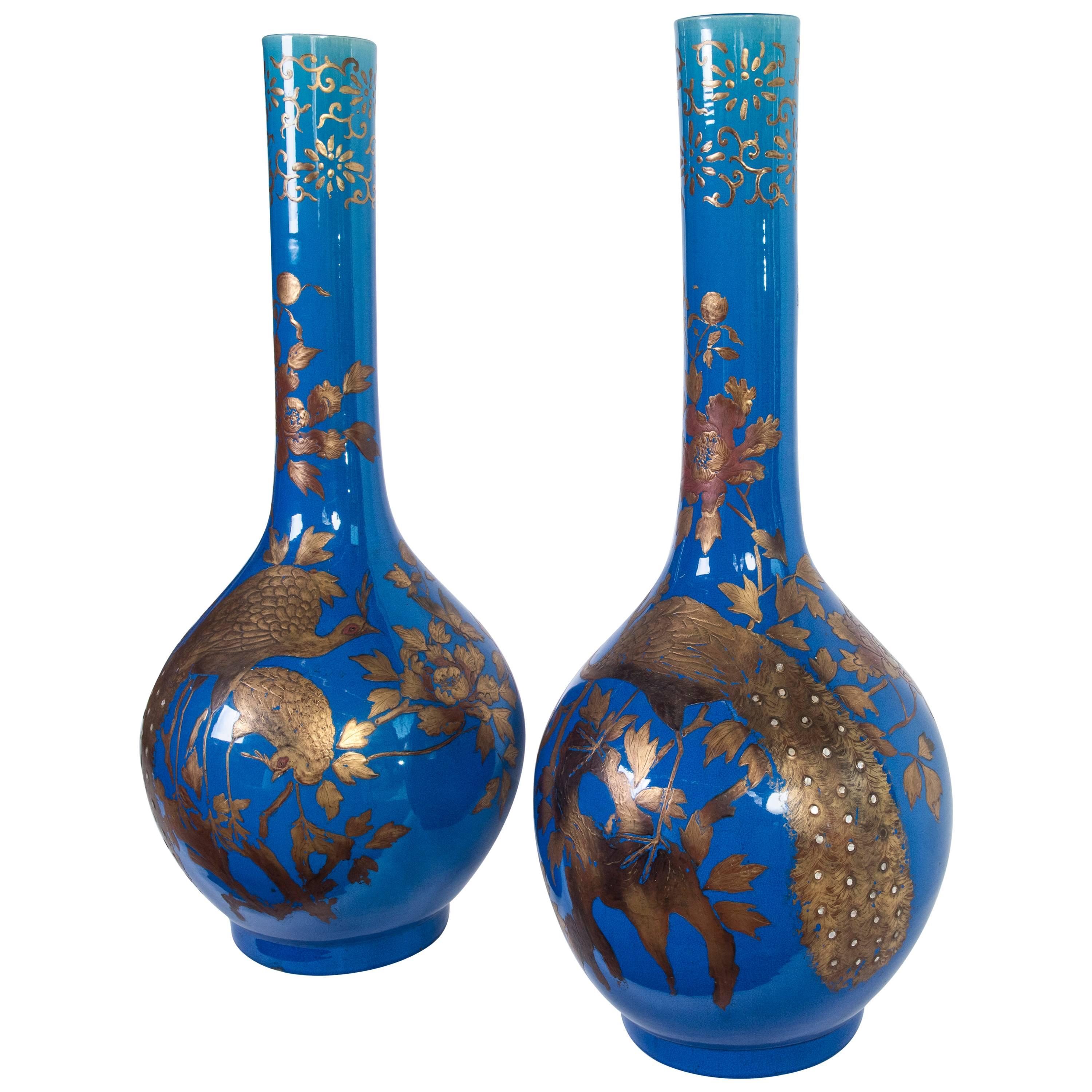 Pair of Blue and Gold Vases For Sale