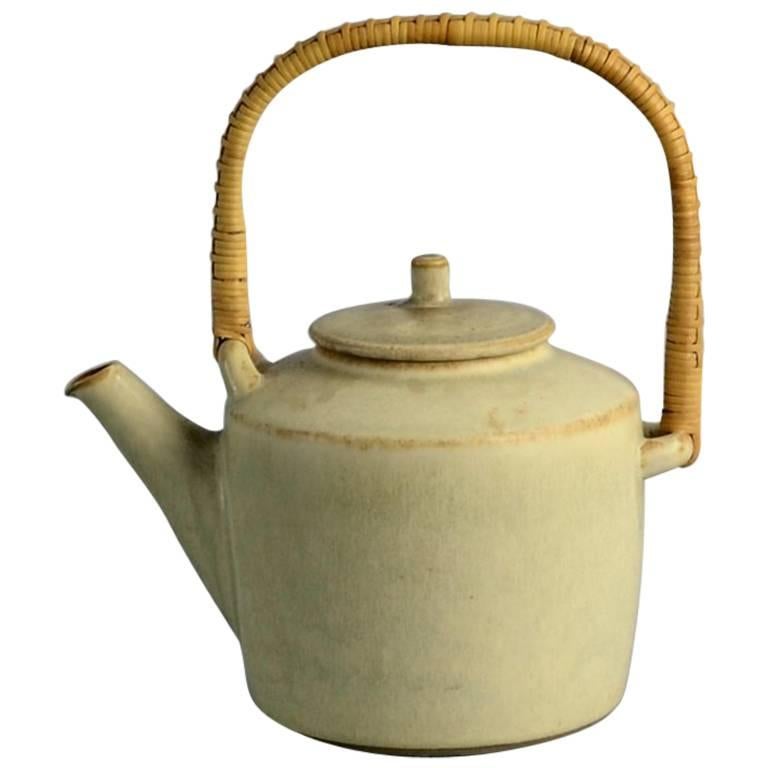 Stoneware Teapot with Wicker Handle by Palshus, Denmark, 1950s-1960s For Sale