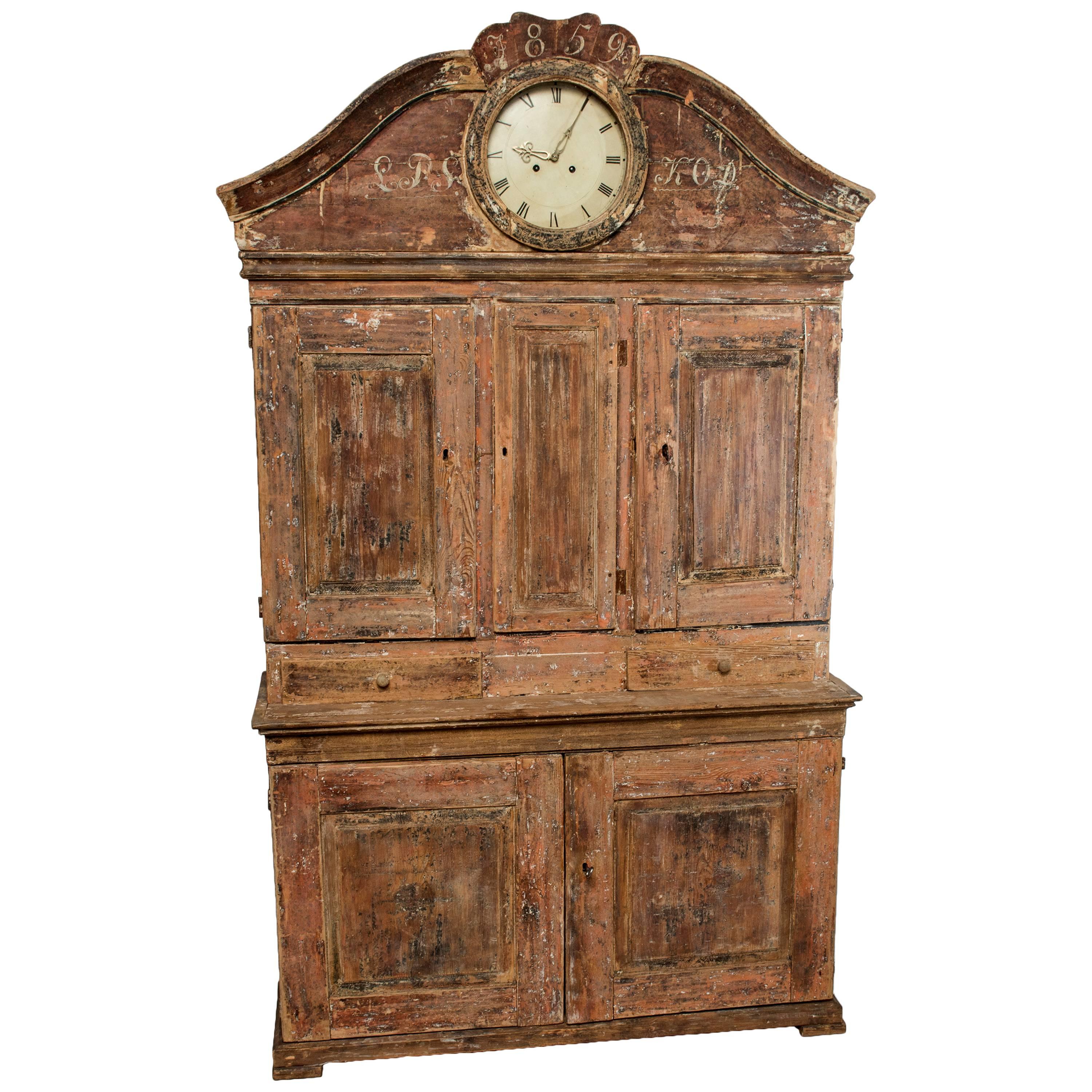 Rare Painted and Scraped Faux Grain Gustavian Clock Cabinet