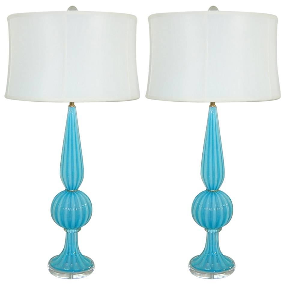 Blue Opaline Vintage Italian Table Lamps For Sale