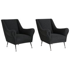 Pair of Wool and Brass Modern Armchairs, circa 1960