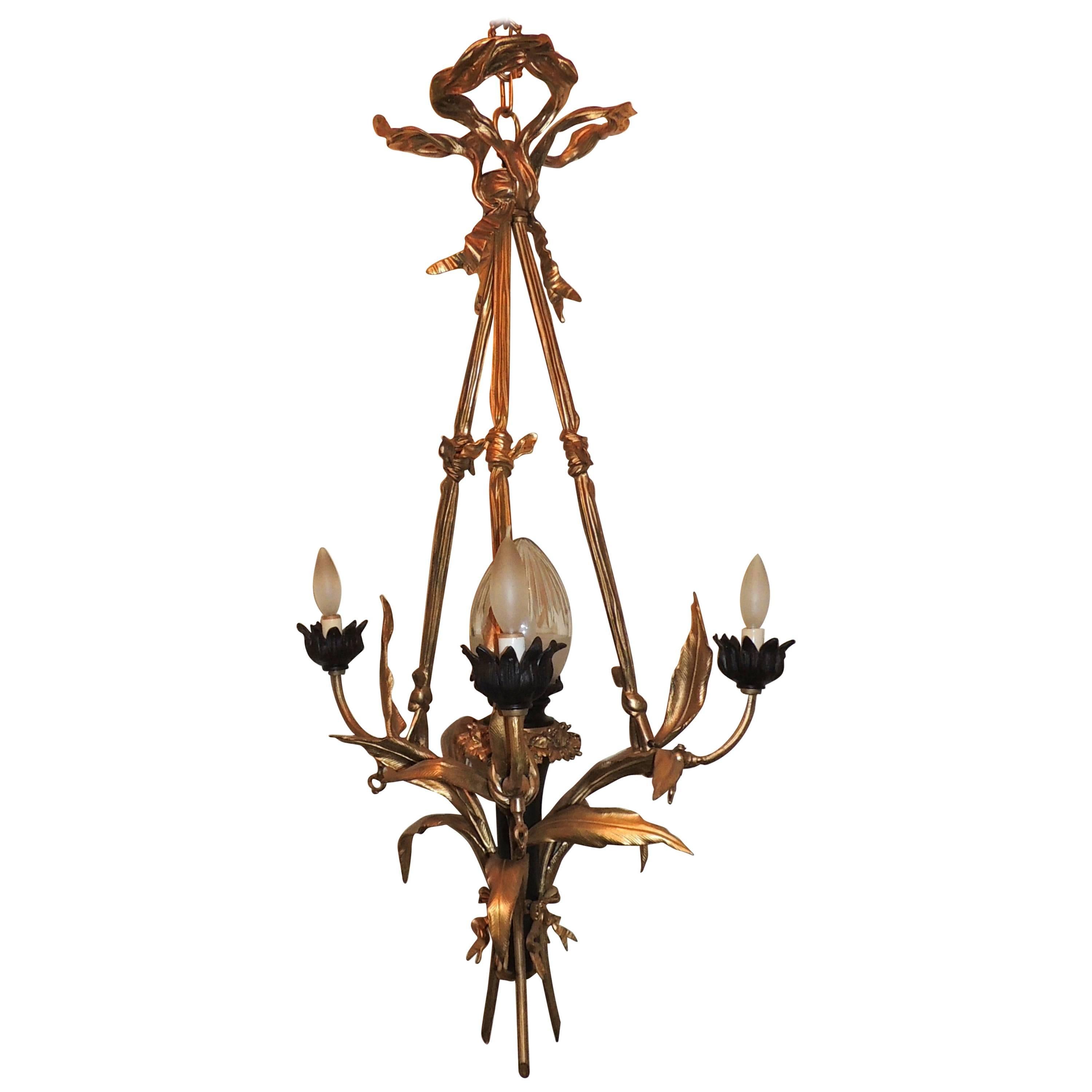 Wonderful French Doré Patina Bronze Bow Neoclassical Crystal Shade Chandelier