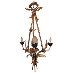 Vintage Wonderful French Doré Patina Bronze Bow Neoclassical Crystal Shade Chandelier