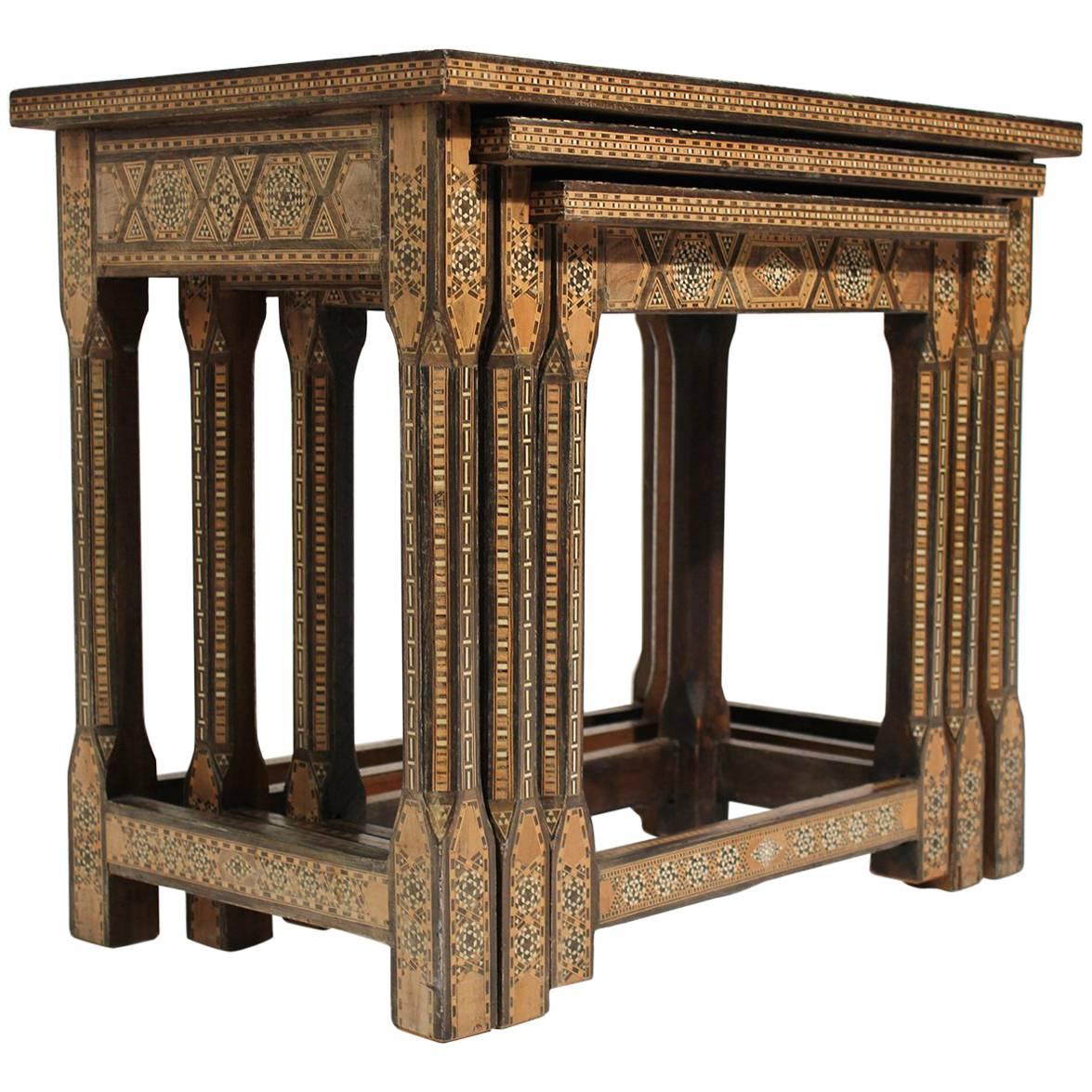 Antique Moorish Marquetry Inlay Nesting Tables