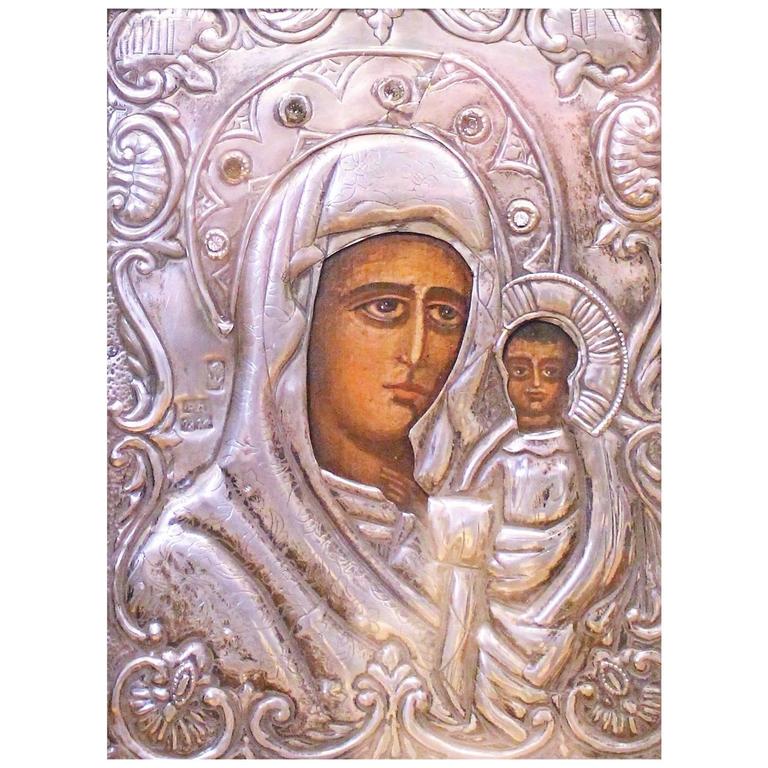 19th Century Russian Silver Icon with Painting of Madonna and 