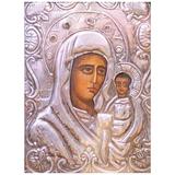 Russisches Silber-Ikon des 19. Jahrhunderts mit Gemälde von Madonna und Kind