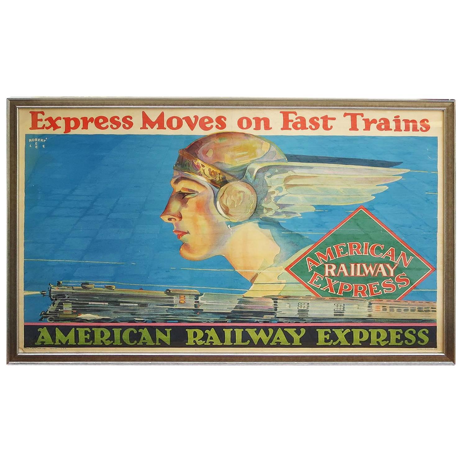Framed American Railway Express Art Deco Train Travel Poster