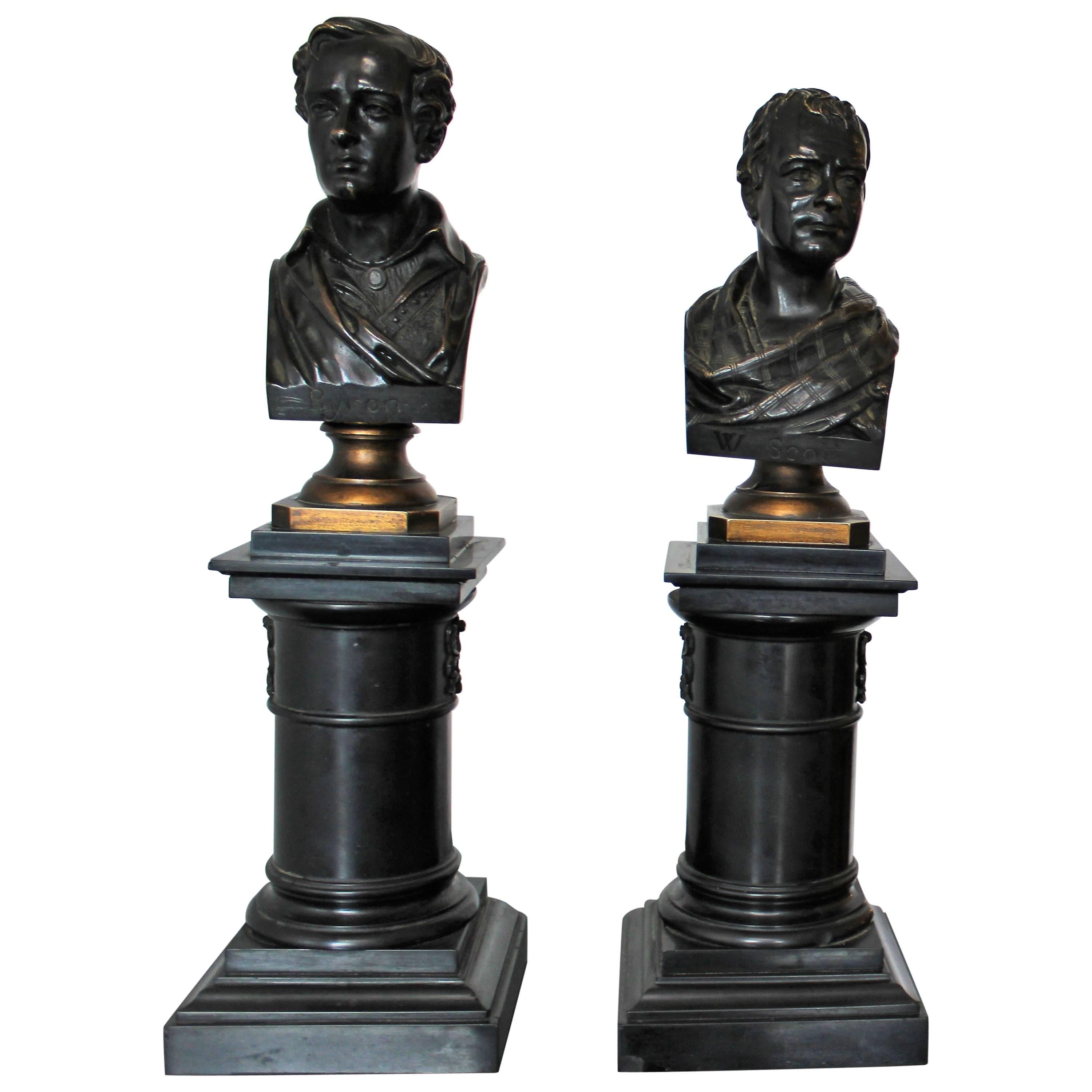 Pair of Bronze Busts on Marble Columns of Sir Walter Scott and Lord Byron