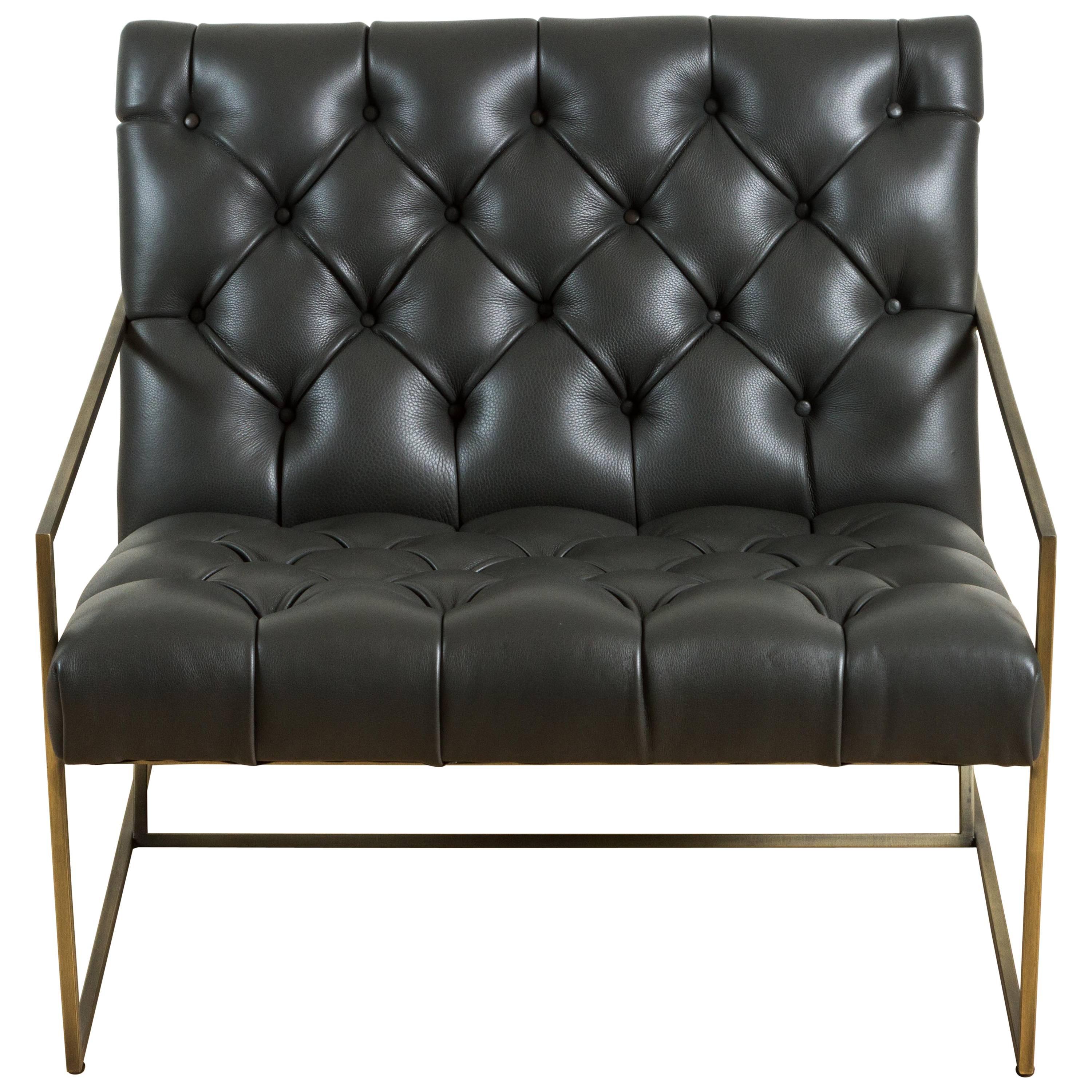 Thin Frame Lounge Chair in Diamond Tufted Charcoal Leather by Lawson-Fenning