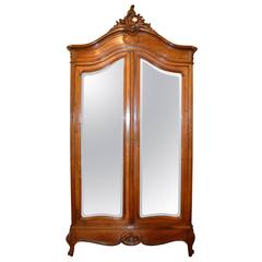 Antique Louis XV Style Walnut Armoire with Double Mirrored Doors