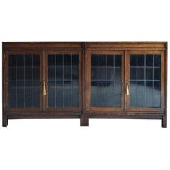 Pair of Antique Vintage Mid-Century Oak Bookcases Display Cabinets