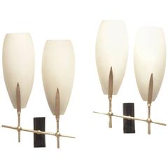French Mid-Century Design, Two Glass and Brass Bamboo Shaped Wall Sconces Lamps