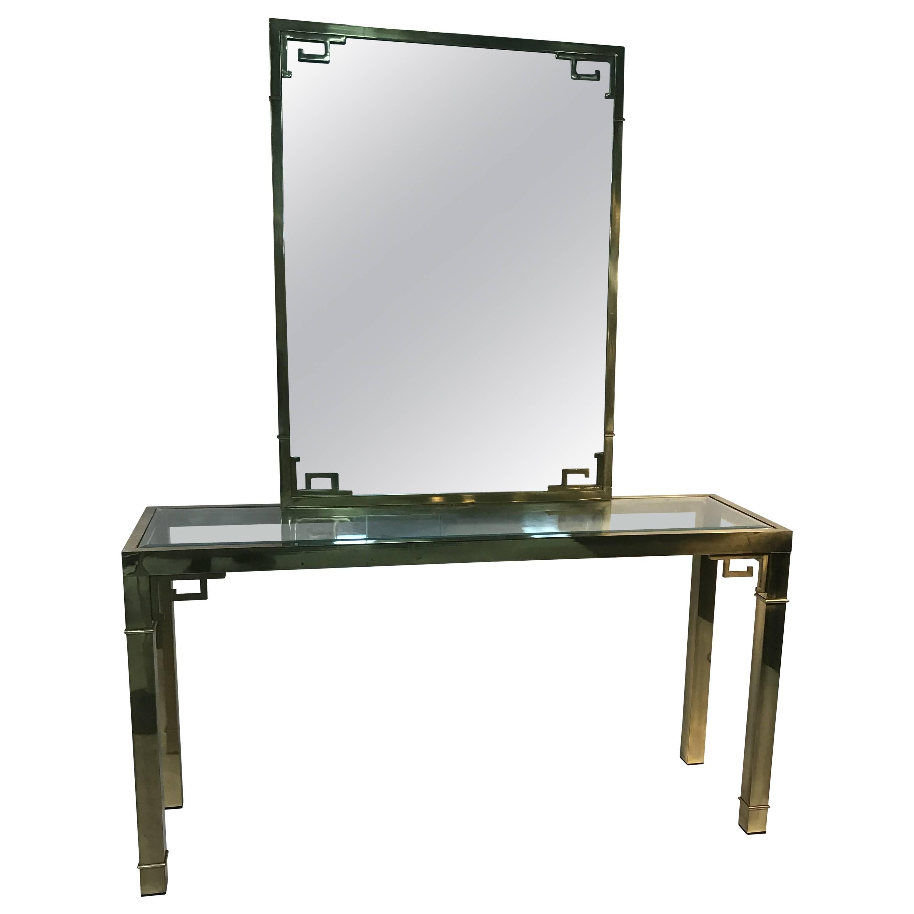 Stunning Solid Brass Italian Mirror and Console Table with Greek Key Design For Sale