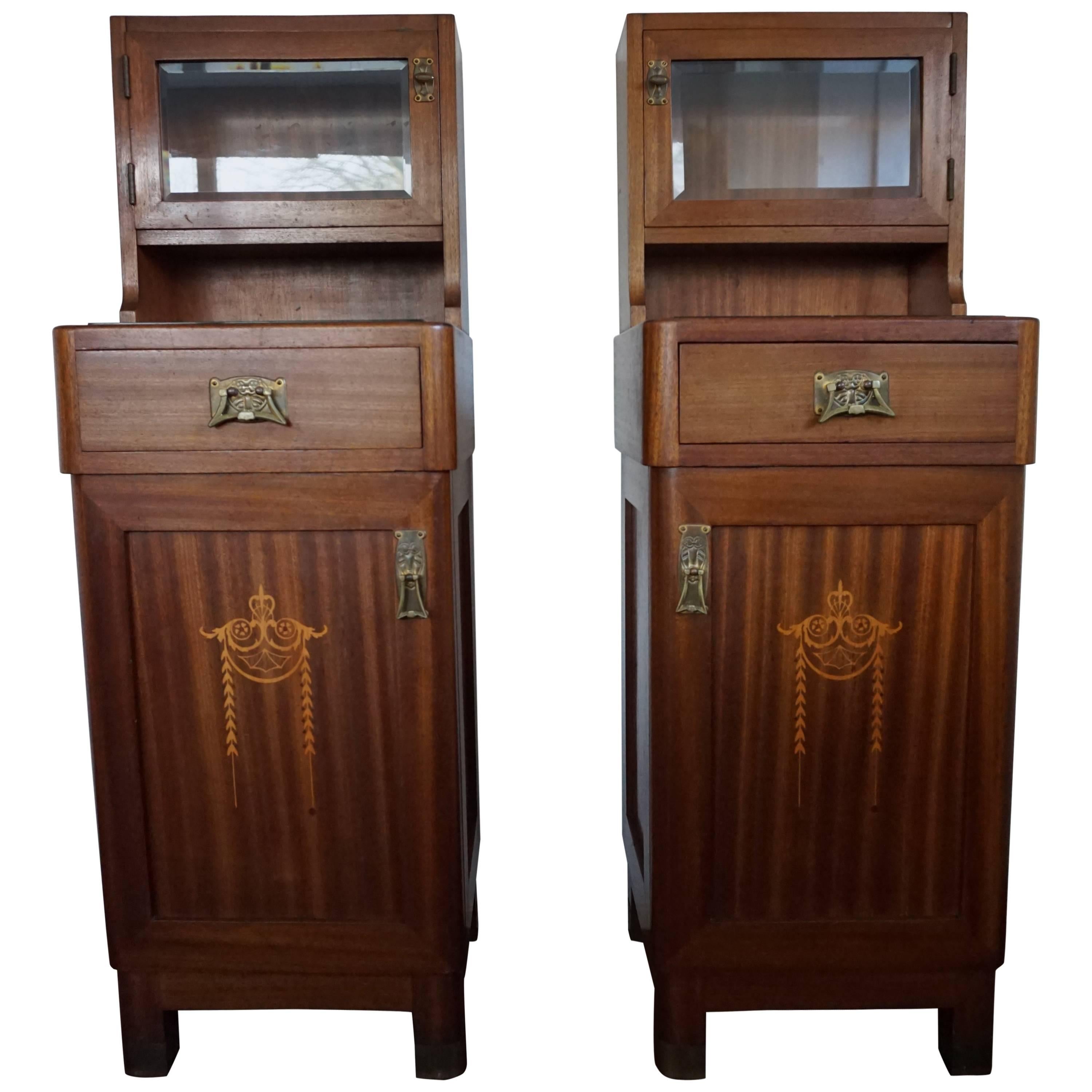 Wonderful Mahogany Art Nouveau Bedside Tables / Nightstands with Satinwood Inlay