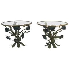 Beautiful Pair of Mixed-Metal Side or Accent Tables with Flower and Leaf Design