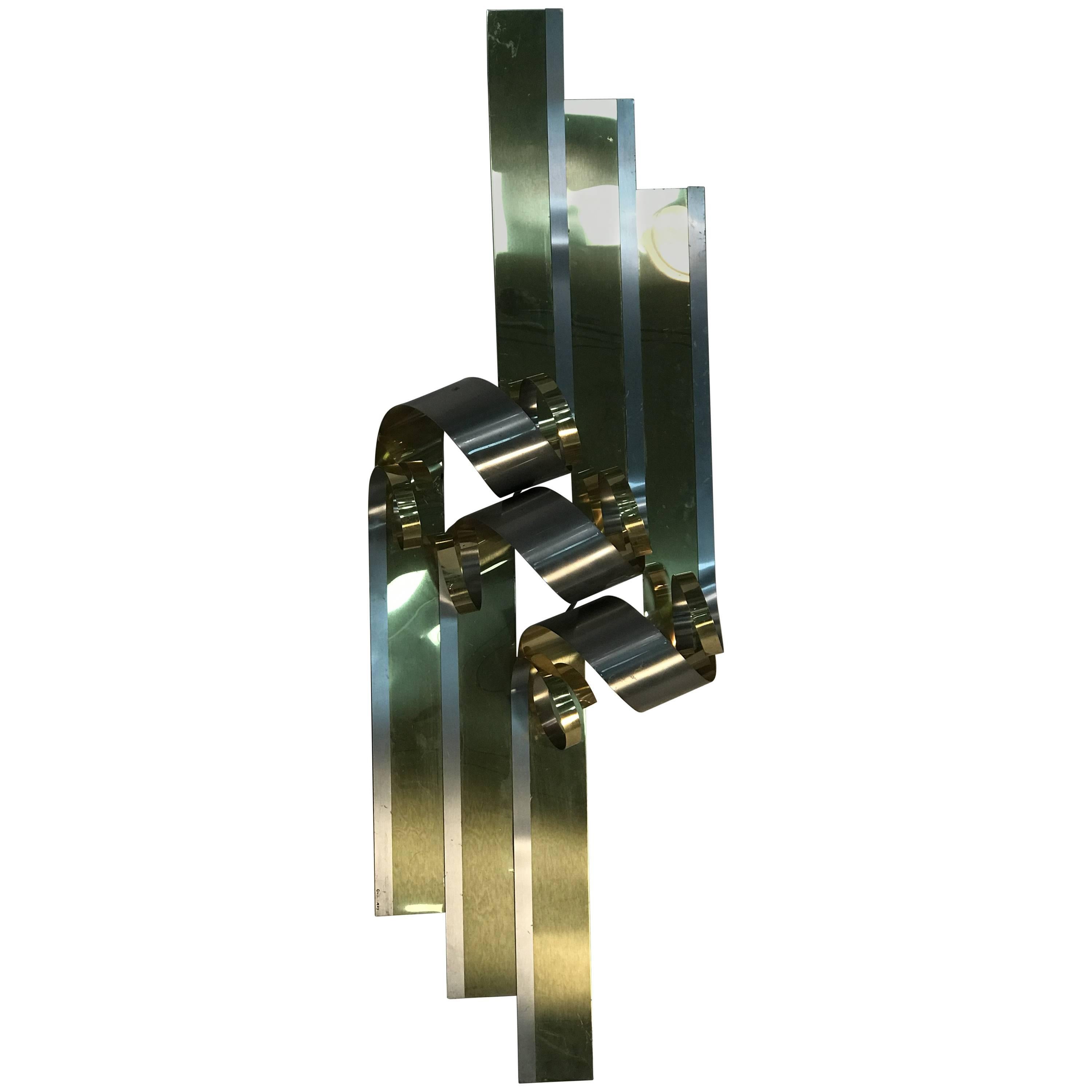 Magnificent Modernist Curtis Jere Ribbon Motif Wall Sculpture in Chrome & Brass For Sale