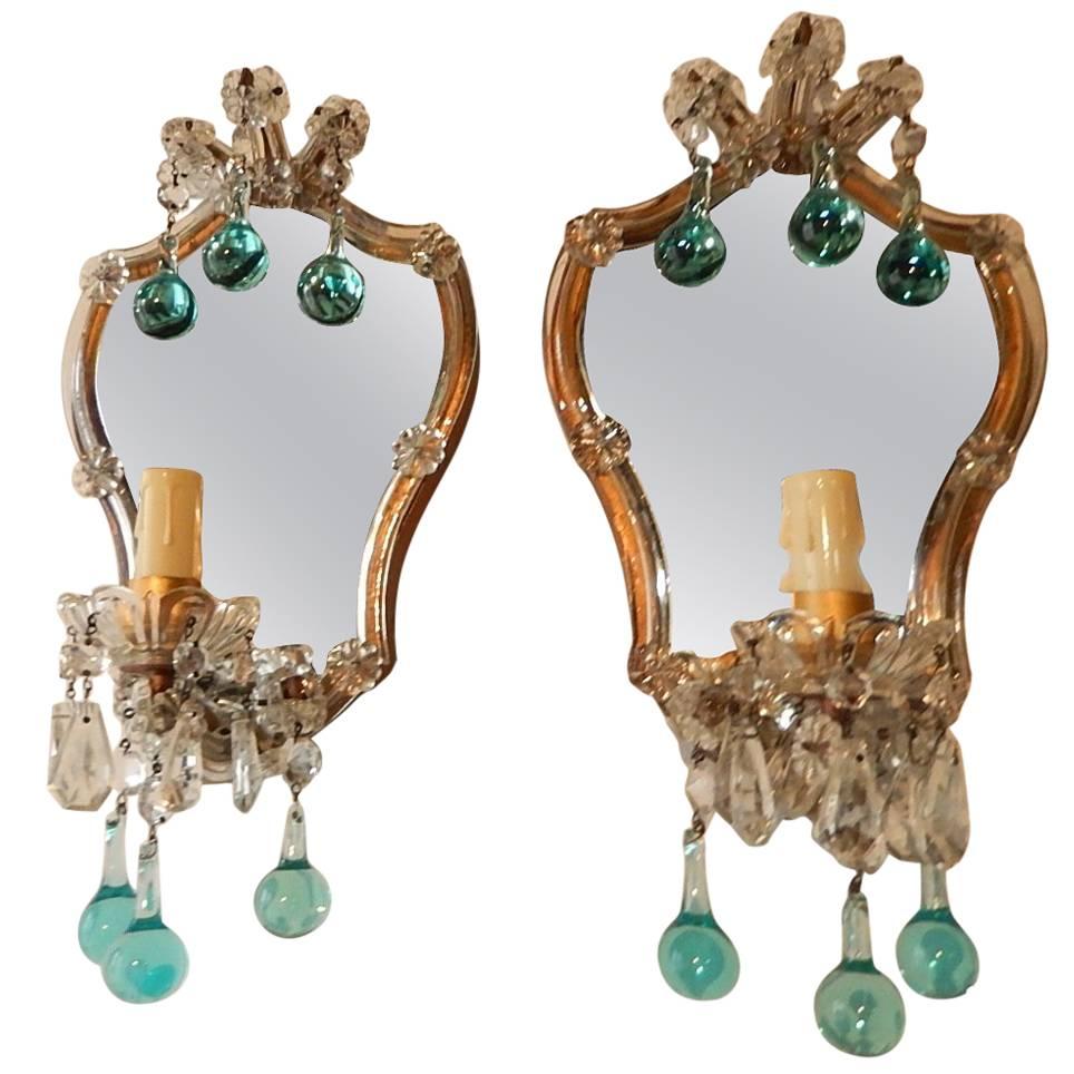 French Aqua Blue Murano Drops Mirrors Sconces, circa 1920