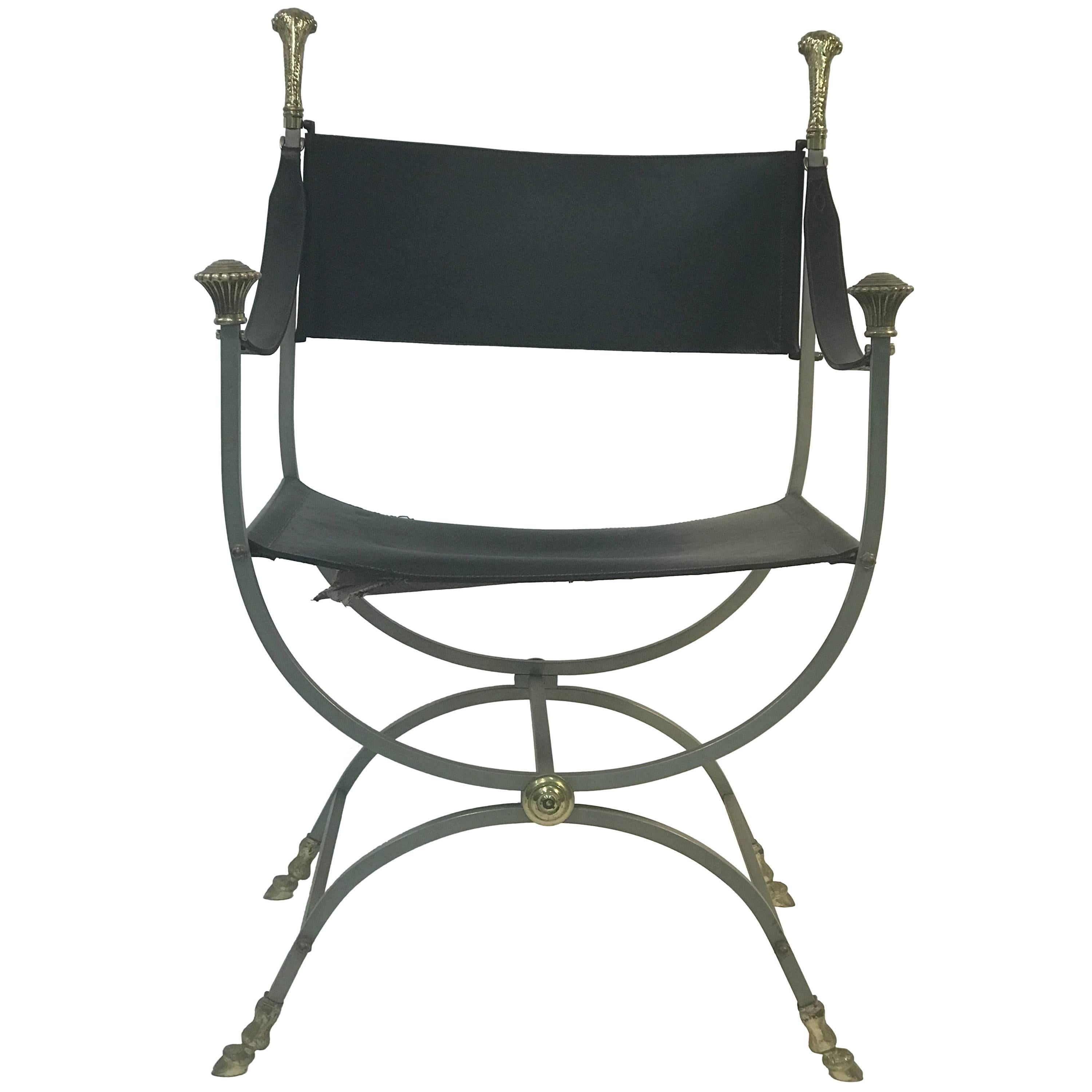 Striking Steel and Brass Black Leather Chair with Ram's Head Design by Jansen For Sale