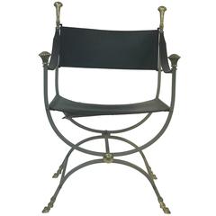 Striking Steel and Brass Black Leather Chair with Ram's Head Design by Jansen
