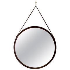 Circular Teak Wall Mirror with Leather Detail, Italy