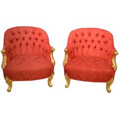 Fabulous Pair of Carved Giltwood Victorian Period Deep Buttoned Armchairs