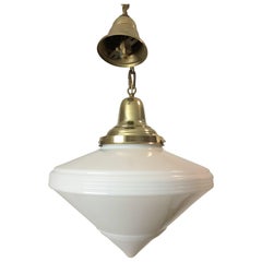 Retro Art Deco White Milk Glass Diamond Light Fixture or Pendant Brass Canopy & Chain