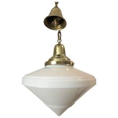 Art Deco White Milk Glass Diamond Light Fixture or Pendant Brass Canopy & Chain 3