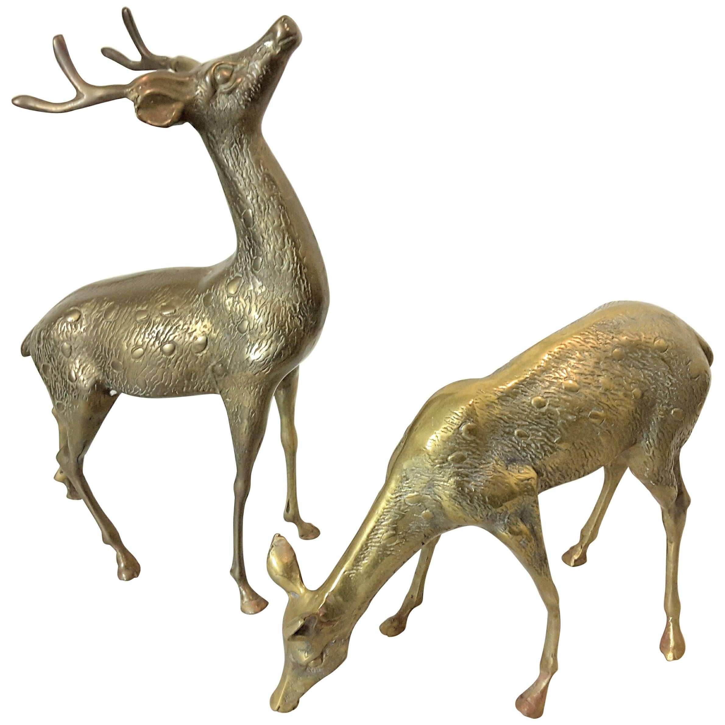 Mid-Century Brass Guarding Stag and Feeding Doe Sculpture's