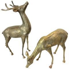 Vintage Mid-Century Brass Guarding Stag and Feeding Doe Sculpture's