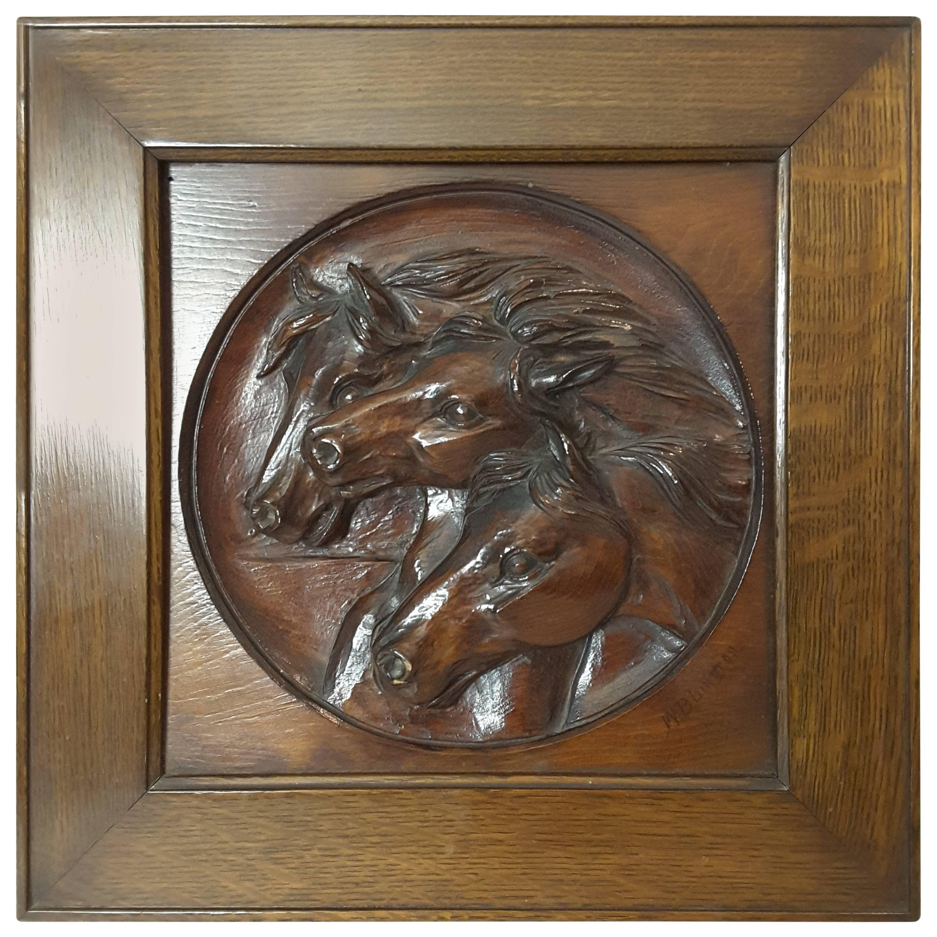 Nice Three Horse Carved Pine Panel Mounted in Oak Frame Signed W.B.Lintton For Sale