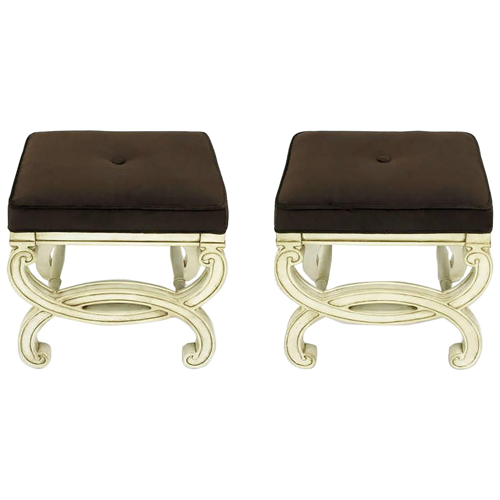 Pair of Regency Style Interlocking Curule Benches in Glazed Ivory & Sable Velvet