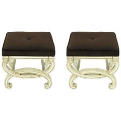 Pair of Regency Style Interlocking Curule Benches in Glazed Ivory & Sable Velvet 6