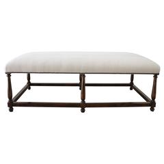 Custom Upholstered Ottoman Bench in Antique French Linen and Nailhead Trim