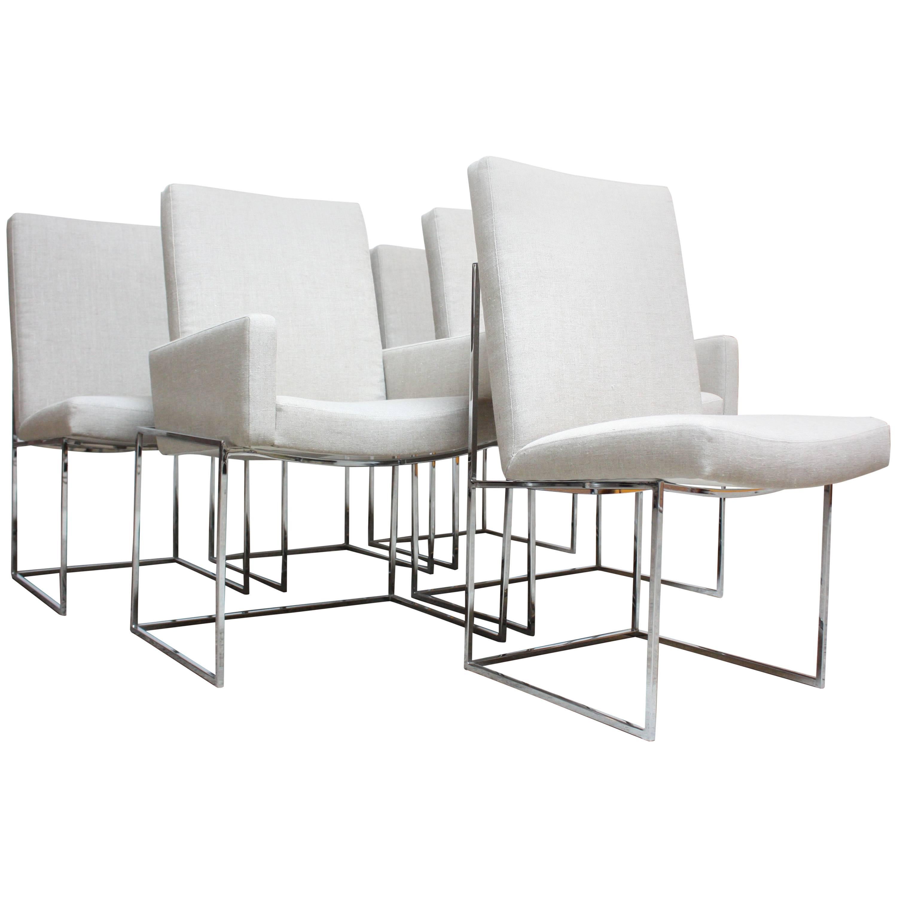 Set of Six Milo Baughman 'Thin Line' Chrome Dining Chairs
