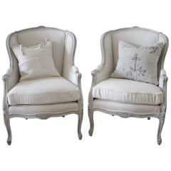 Pair of Vintage French Louis XV Style Wing Back Bergere Chairs