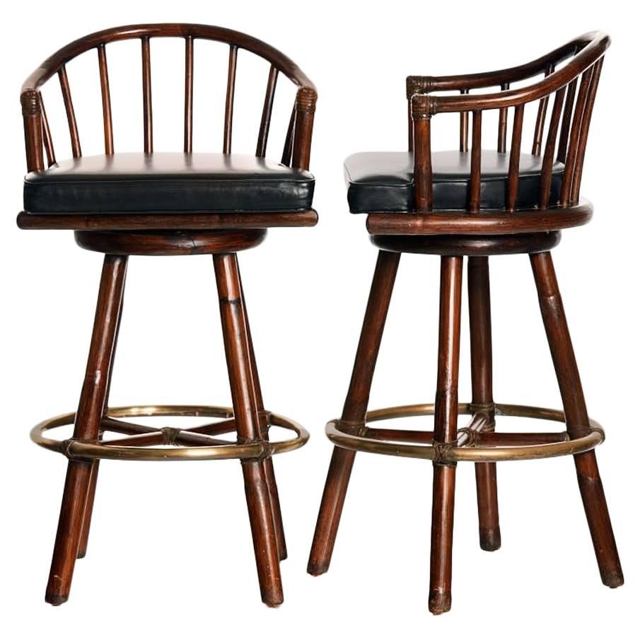Pair of McGuire Swivel Bar Stools For Sale