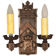 1 of 3 Double Light Bronze Sconces with Shield