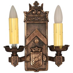 1 of 3 Double Light Bronze Sconces with Shield Antique 1 of 3 Double Light Bronze Sconces with Shield