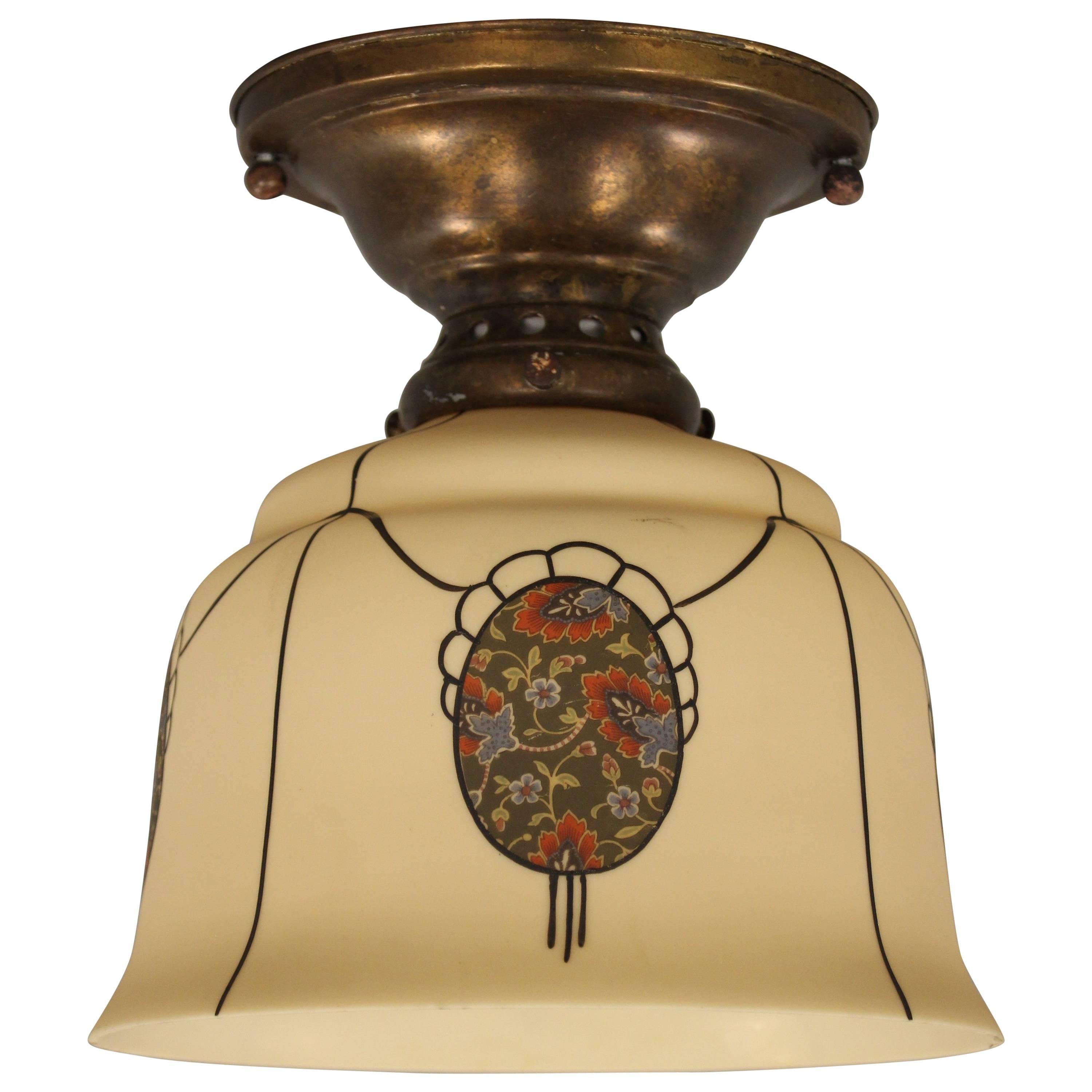 1920s Hand-Painted Ceiling Mount with Glass Shade