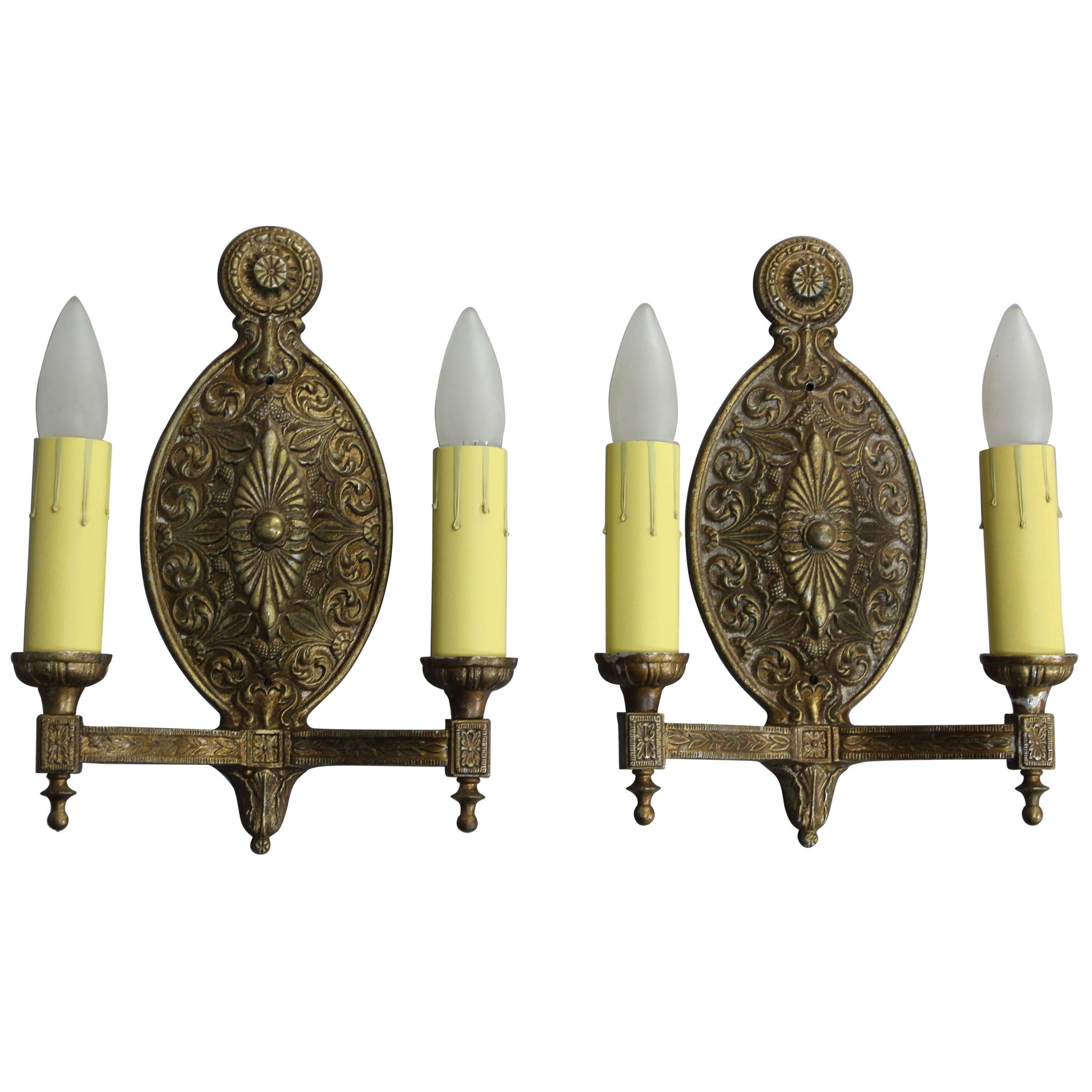 Pair of 1920s Double Light Gold Tone Sconces For Sale