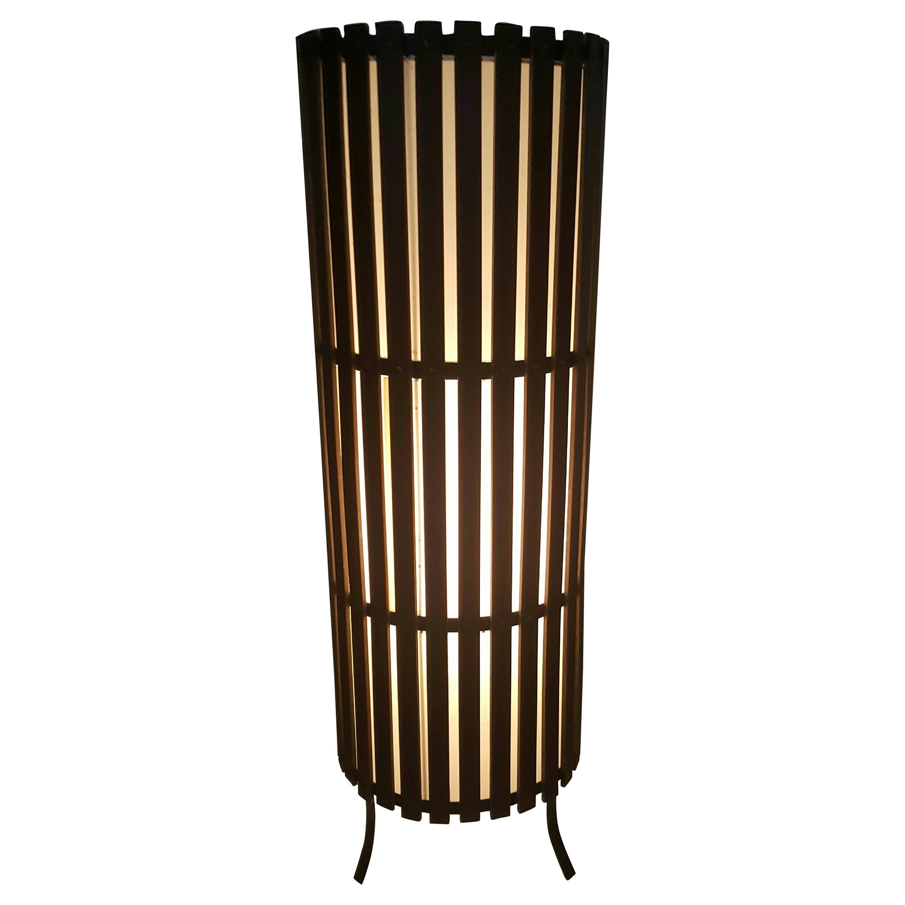 Contemporary  Modernist Walnut Slat Wood Cylinder Floor Lamp
