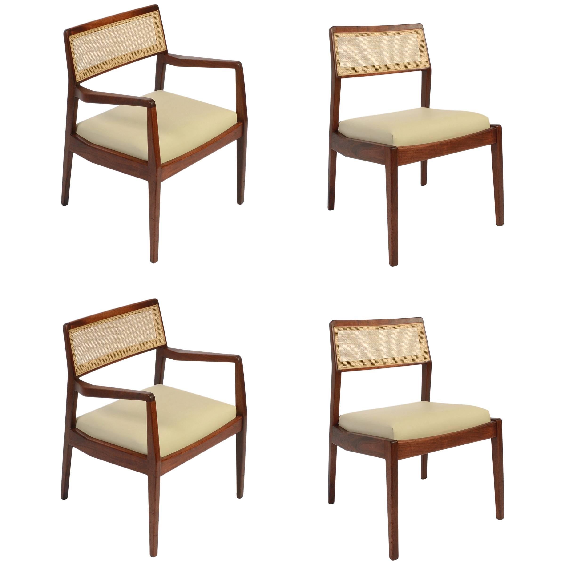 Set of Four Jens Risom "Playboy" Chairs in Walnut, Cane and Leather