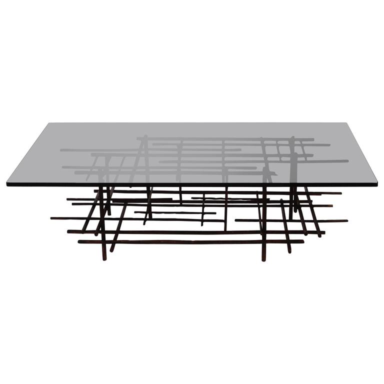 Signed Steel Sculpture Coffee Table with Smoked Glass For Sale at 1stdibs