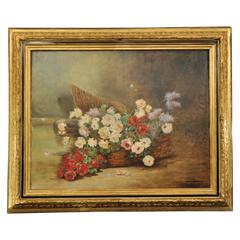 Late 19th Century Oil Painting on Canvas Basket with Flowers Gilded Frame 9