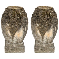 Antique Pair of Striking Cement Normandy Garden Vases with Decorated Sides